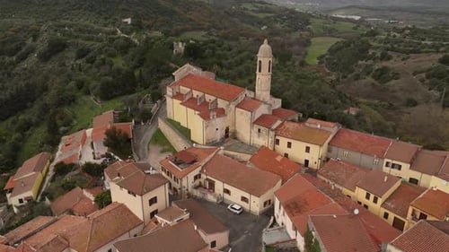 Aerial view of Church and rooftops, Italy.