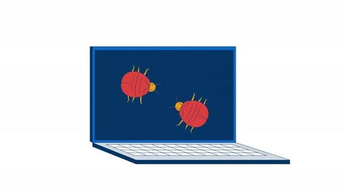 Computer bugs crawling on laptop screen 2D cartoon object animation