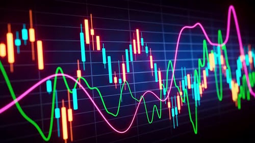 Neon 3D candlestick chart loop with pink and green indicators