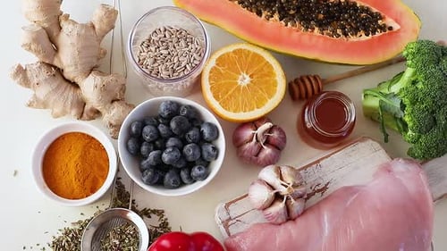 Various Vibrant Foods Arranged on a Table Top