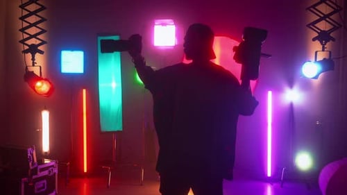 Professional Filming Pavilion with Lighting Equipment Backstage