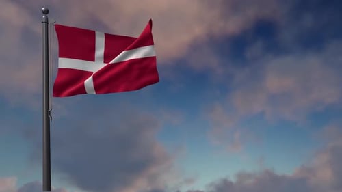 Realistic Denmark Flag Waving Against Blue Sky