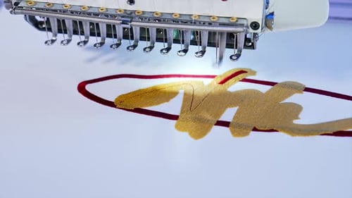 Industrial textile sewing machine. Fabric cloth stitching.