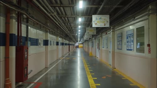 Pasillo de fábrica industrial con marcas de seguridad