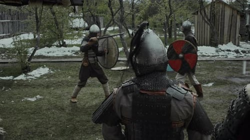 Men Fighting With Swords and Shields in Armor