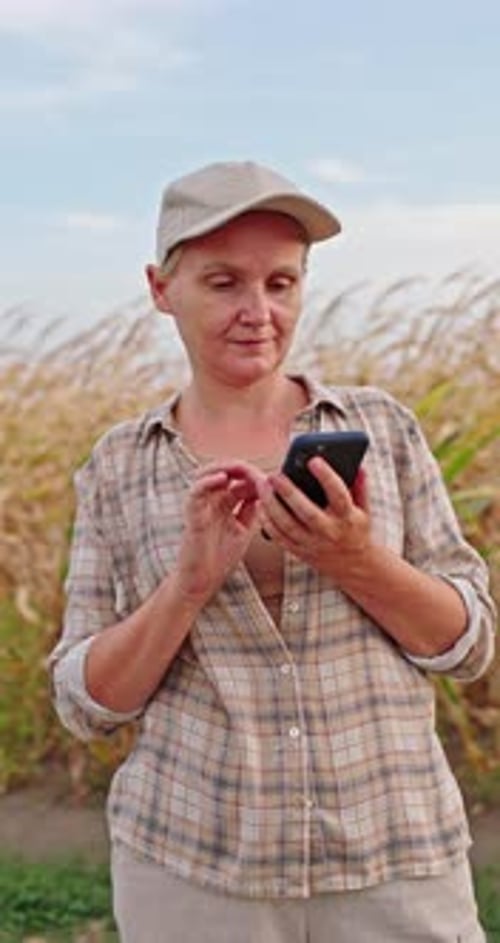Female Farmer Using Smartphone While Standing Near Corn Field During Rural Workday