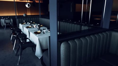 Empty Restaurant with Neatly Arranged Tables and Chairs During Evening Hours