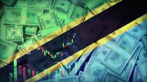 Tanzania Flag On Economic Background With Decrease Bar Chart Graph And Arrow