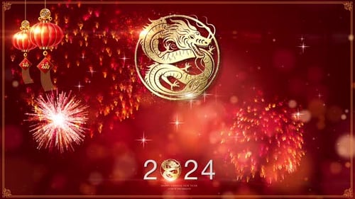 Chinese New Year 2024 Dragon Celebration Title with Fireworks