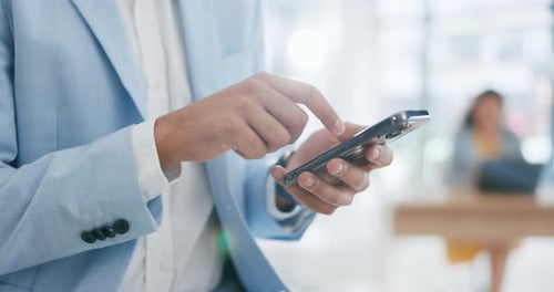 Typing, phone and hands of man in office for social media, business networking and website research