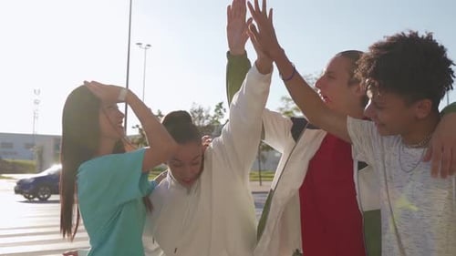 College Student Teamwork Celebrating High Five Diverse Hand Togetherness Concept