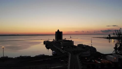 Sunrise in the port of Odessa aerial video