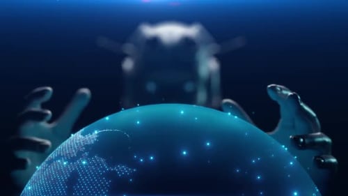 Futuristic Robotic Hands Control Digital World Network