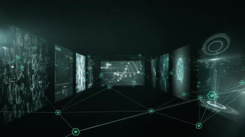 Animation of network of connections and medical data processing on screens