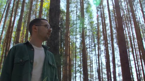 Relaxed man spending time outdoors in summer forest