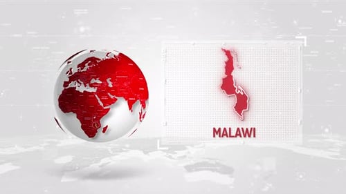 Malawi 4K Tech Map Beside Globe On White Background