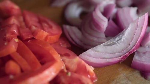 chopped Vegetables on wood,Tomato and Red Onion. close up, fresh ingredients