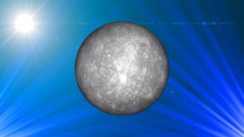 Rotierender Quecksilberplanet, Kugelgalaxie im Weltraum mit Sonnensystem, Video über Wissenschaft und Technologie. 1459