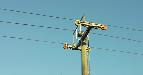 Pulley System And Cables Of Disused Ski Lift At Franco-German Garden In Saarbrucken, Germany. low an