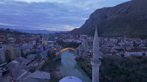 Aerial view of Stari Most bridge and mountains, Bosnia and Herzegovina.