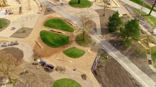 Landscaping a public city park and green space - aerial parallax