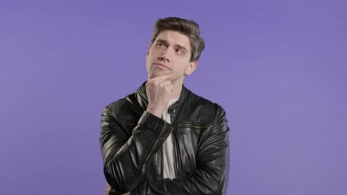 Genius Man Having Idea Eureka Moment Pointing Finger Up On Violet Solution