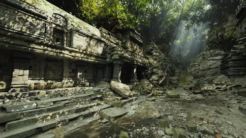 Ruines d'anciens temples au Cambodge entourées d'une jungle luxuriante et de soleil