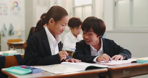 Japanese, kids and students in classroom, writing and education with help, growth and knowledge