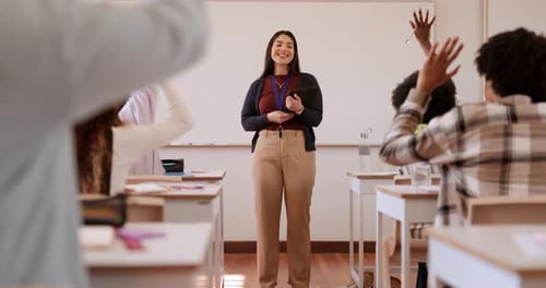 Professor, students and question in classroom for education, learning and school work