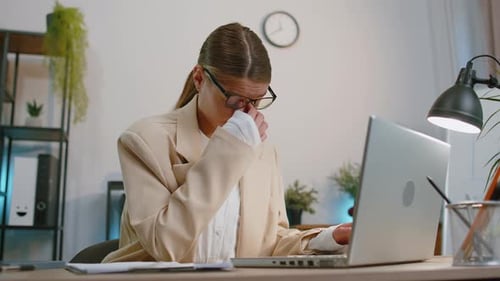 Business Smiling Woman Closing Laptop Computer After Finishing Online Work Remote Job From Office