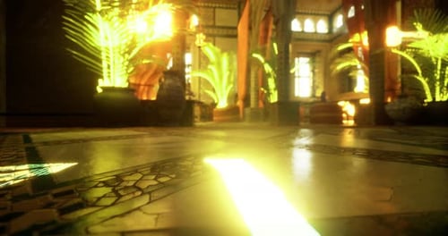 La lumière filtre à travers un intérieur luxuriant avec des carreaux complexes et de la verdure