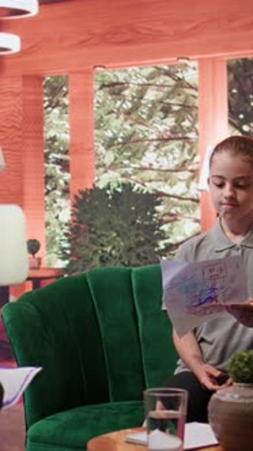 Girl Explains Drawing to Person on Couch