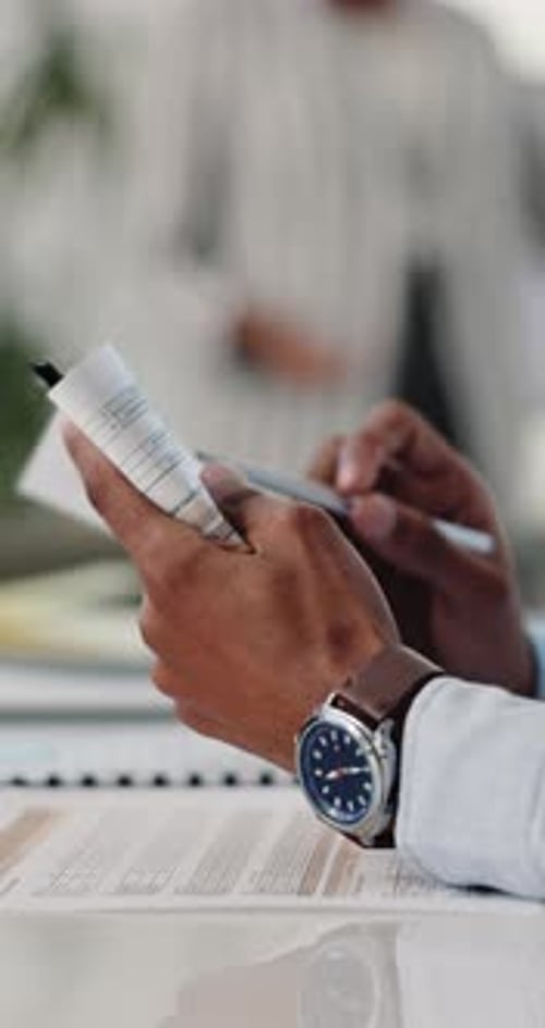 Documents, review and hands of business person in office for account manager