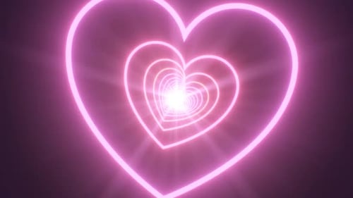 Flying Through Pink and Blue Bright Glowing Neon Twisted Heart Tunnel