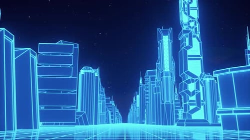 Retro futuristic 80s style with neon city backgrounds. Seamless loop of cyberpunk cityscape