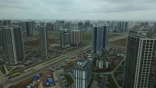 Construction site of a new city block. Construction of multi-storey buildings.