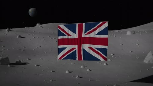 British Union Jack Flag Waving on Lunar Surface with Earth