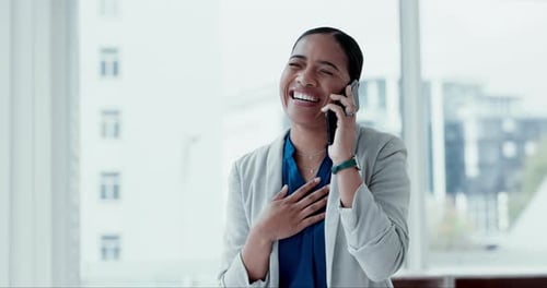 Phone call, smile and business woman in office for communication, networking and negotiation