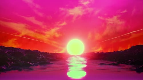 Animation rétro des années 1980 avec rochers, rivière, soleil et rose cyberpunk