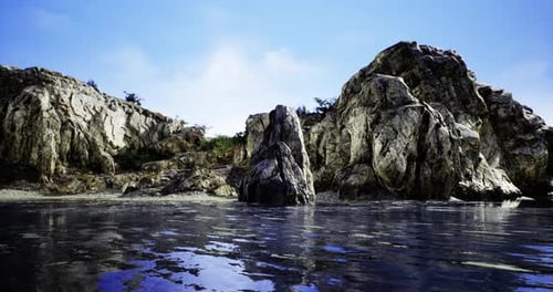 Serene Coastal Landscape with Rocky Formations Under a Clear Blue Sky