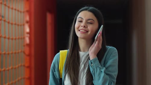 Happy Smiling Caucasian Girl Female Woman Student Pupil Education Studying Walking in School Walk in