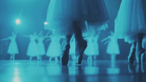 Close-up of ballerinas legs dancing graceful classic performance on stage. feet in spotlight silhoue