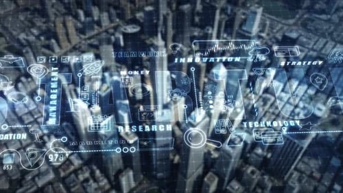 Startup Theme Infographics Against the Backdrop of City Skyscrapers