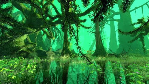 Movement through a tropical swamp with various plants.