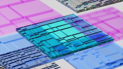 Mehrere transparente Halbleiter-CPU-CPU-Chips in Blau, Hellblau und Lila drehen sich langsam auf einem