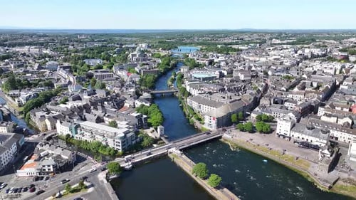 Aerial View Over River Corrib and High-Rises in Galway City