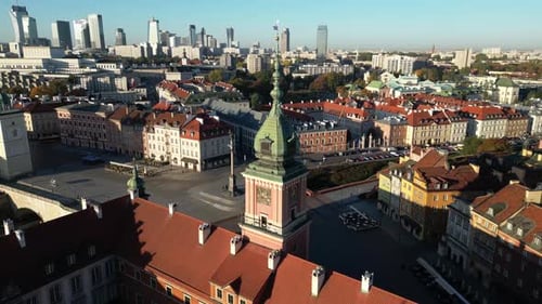 Aerial view of modern European capital city, Warsaw, Poland, Old Town with Skyline in the distance
