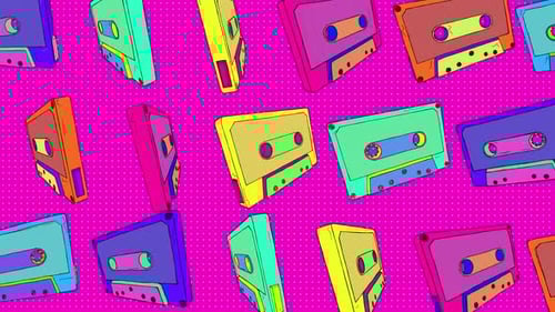 Colorful Retro Cassette Tapes Floating Looping Background Animation