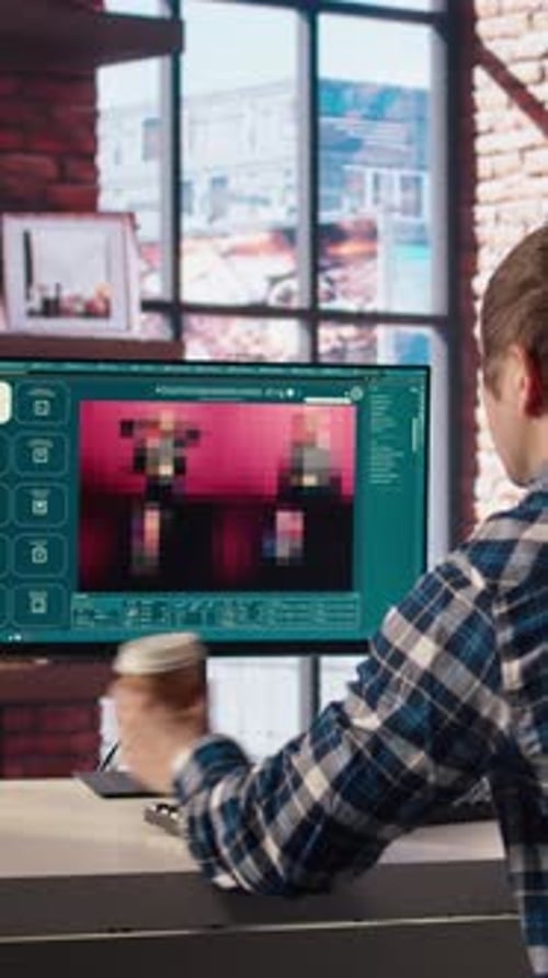 Homem no espaço de trabalho de um apartamento usando software de IA transformando mensagens de texto em fotos