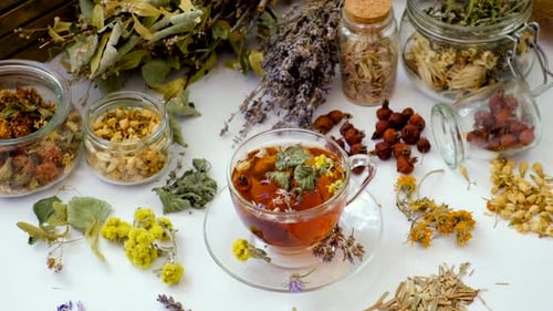 Tea with Herbs and Colors of Medicinal